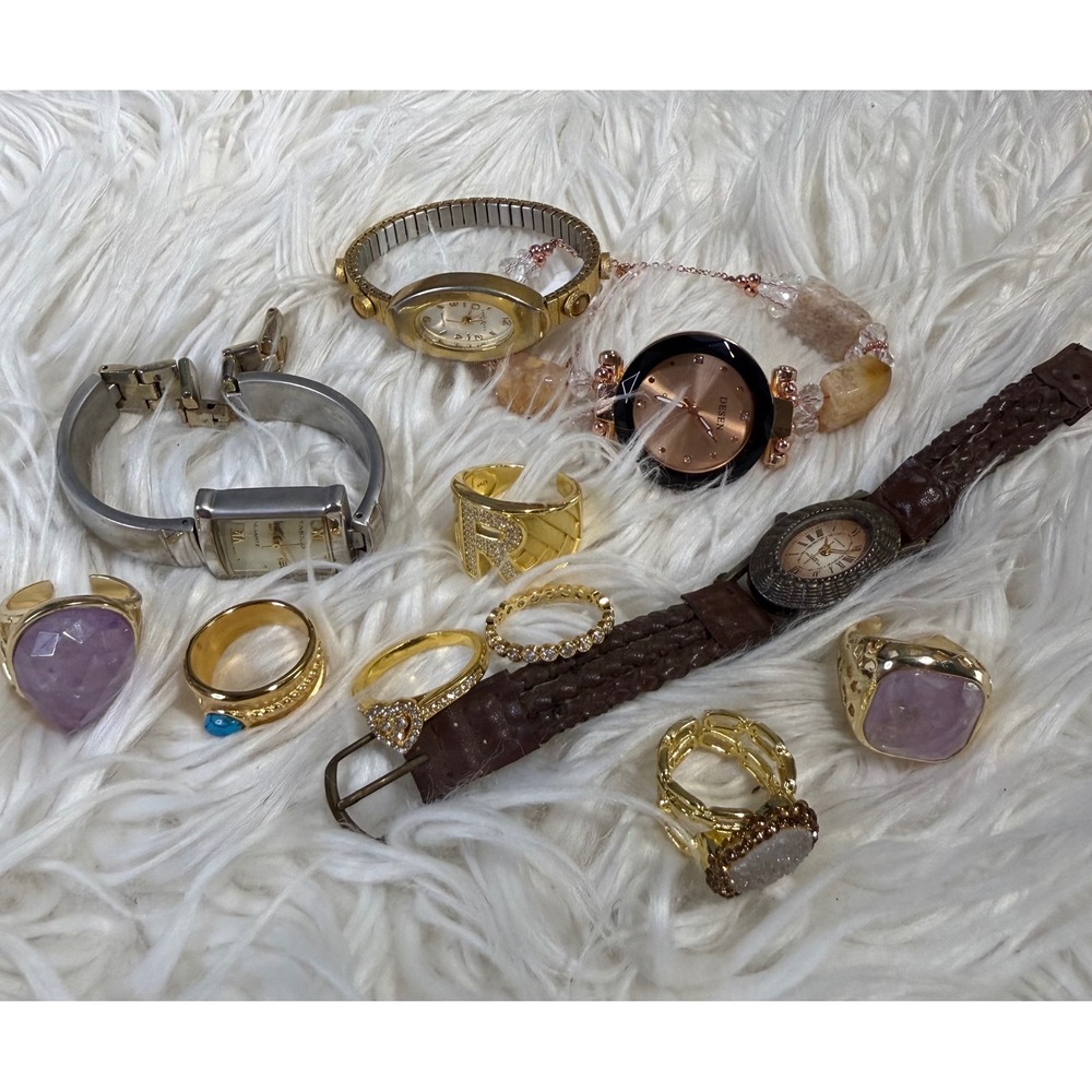 Mixed Jewelry Watch Lot 10pc Gold Silver Tone Rings Initial R Statement Bundle